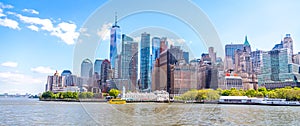 Skyline panorama of downtown Financial District and Lower Manhattan in New York City, USA