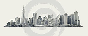 Skyline panorama of downtown Financial District and the Lower Manhattan in New York City, USA. black and white isolated