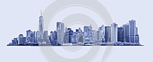 Skyline panorama of downtown Financial District and the Lower Manhattan in New York City, USA. Blue toned, isolated on