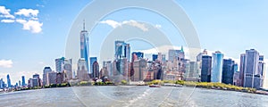 Skyline panorama of downtown Financial District and the Lower Manhattan in New York City, USA. Fish eye effect