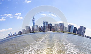 Skyline panorama of downtown Financial District and the Lower Manhattan in New York City, USA. Fish eye effect