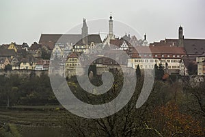 Skyline panorama view from town wall of Rothenburg ob der Tauber town, Bavaria, Germany. November 2014