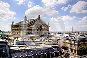 Skyline of Paris with Galeries Lafayette in Paris, France.