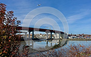 Skyline, Portland, Maine, Nov. 2020, and Casco Bay Bridge overlooking Portland Harbor and Casco Bay