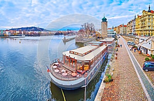 The skyline of Prague with Petrin Hill, St Vitus Cathedral and Sitkov Water Tower, Czech Republic