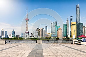 The skyline of Pudong, Shanghai, China, seen from the Bund waterfront