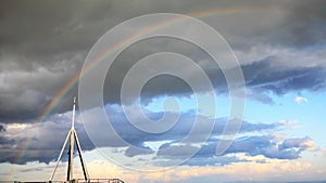 Skyline, rainbow, lover locks and satelite from top of mountain Moiwa, Hokkaido, Japan