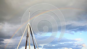 Skyline, rainbow, lover locks and satelite from top of mountain Moiwa, Hokkaido, Japan