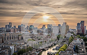 Skyline of Rotterdam cityscape, Netherlands at sunset showing the skyscrapers and office buildings