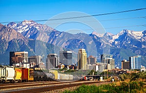 Skyline of Salt Lake City downtown in Utah with Wasatch Range Mountains