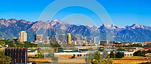 Skyline of Salt Lake City downtown in Utah with Wasatch Range Mountains