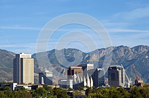 Skyline of Salt Lake City, Utah framed by the Wasatch Mountains photo