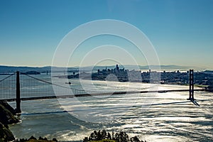 skyline of San Francisco with golden gate bridge in sunset