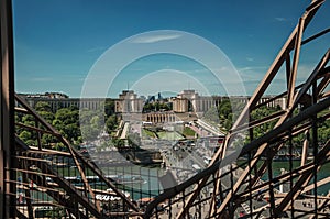 Skyline, Seine River, Trocadero and iron structure of the Eiffel Tower, with blue sky in Paris.