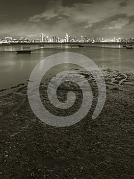 Skyline of Shenzhen city, China at night. Viewed from Hong Kong border Lau Fau Shan