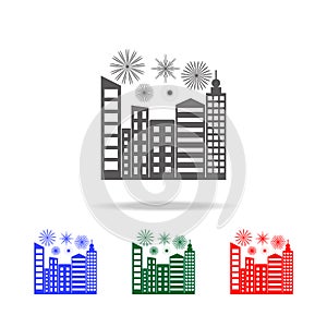 skyline silhouette with fireworks icon. Elements of Christmas holidays in multi colored icons. Premium quality graphic design icon