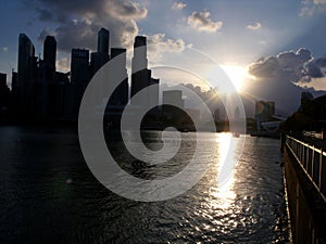 Skyline of Singapore city at sunset in Marina Bay