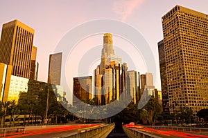 Skyline of skyscrapers at downtown financial district, Los Angeles, California