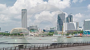 Skyline with skyscrapers of Marina Bay timelapse hyperlapse.