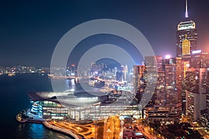 Skyline of skyscrapers in Wan Chai at dusk, with the Hong Kong Convention & Exhibition Centre, 11 Dec 2019