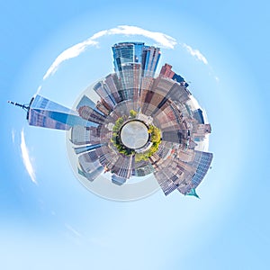 Skyline sphere panorama of downtown Financial District and the Lower Manhattan in New York City, USA. mini planet style