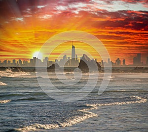 Skyline of Surfers Paradise at sunset - Skyscrapers over the water - Queensland, Australia