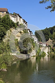 Skyline of Swiss city Fribourg and town wall