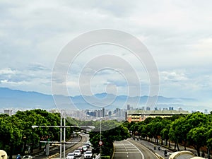 The skyline of Taichung with mountains