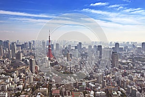 Skyline of Tokyo, Japan with the Tokyo Tower, from above