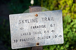 Skyline trail sign in Mount Rainier, WA