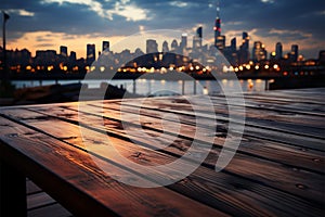 Skyline twilight Blurred night sky, wooden table in the midst of urbanity