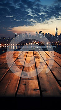 Skyline twilight Blurred night sky, wooden table in the midst of urbanity