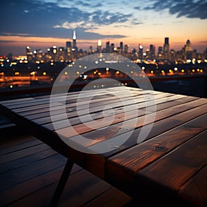 Skyline twilight Blurred night sky, wooden table in the midst of urbanity