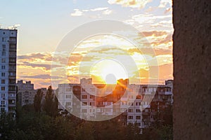 Skyline,urban road and office buildings at sunset