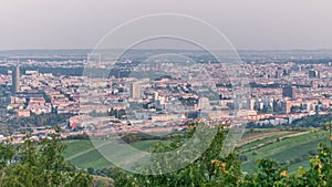 Skyline of Vienna from Danube Viewpoint Leopoldsberg aerial time lapse.