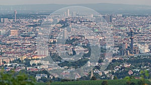 Skyline of Vienna from Danube Viewpoint Leopoldsberg aerial timelapse.