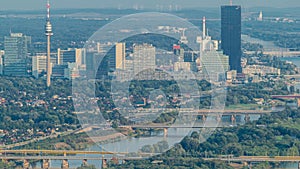 Skyline of Vienna from Danube Viewpoint Leopoldsberg aerial timelapse.