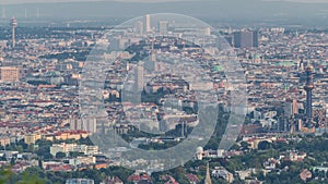 Skyline of Vienna from Danube Viewpoint Leopoldsberg aerial timelapse.