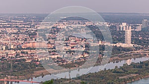 Skyline of Vienna from Danube Viewpoint Leopoldsberg aerial timelapse.