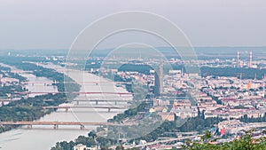 Skyline of Vienna from Danube Viewpoint Leopoldsberg aerial timelapse.