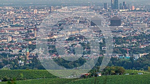 Skyline of Vienna from Danube Viewpoint Leopoldsberg aerial timelapse.