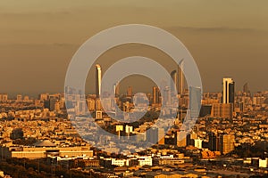 A skyline view of Abu Dhabi, UAE at dawn, with the Corniche and World Trade Centre