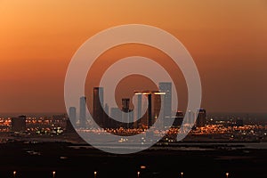 A skyline view of Abu Dhabi, UAE at dusk, looking towards Reem Island