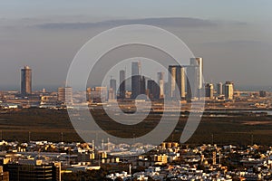 A skyline view of Abu Dhabi, UAE at dusk, looking towards Reem Island