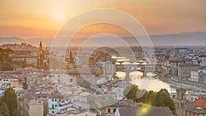 Skyline view of Arno River timelapse. Ponte Vecchio from Piazzale Michelangelo at Sunset, Florence, Italy.