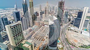 Skyline view of the buildings of Sheikh Zayed Road and DIFC aerial timelapse in Dubai, UAE.