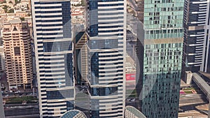 Skyline view of the buildings of Sheikh Zayed Road and DIFC aerial timelapse in Dubai, UAE.