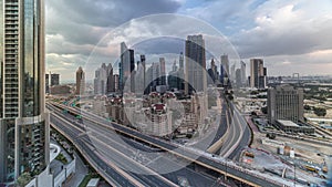 Skyline view of the buildings of Sheikh Zayed Road and DIFC timelapse in Dubai, UAE.