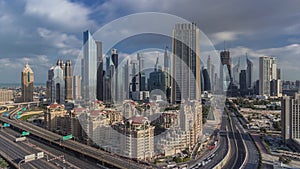 Skyline view of the buildings of Sheikh Zayed Road and DIFC timelapse in Dubai, UAE.