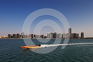 A skyline view of the Corniche Road as seen from Heritage Village in Abu Dhabi, UAE